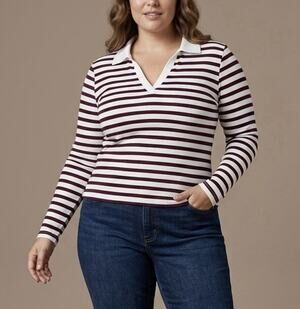 No Boundaries Women's Long Sleeve Ribbed Top - Size L (12-14) Striped V-Neck